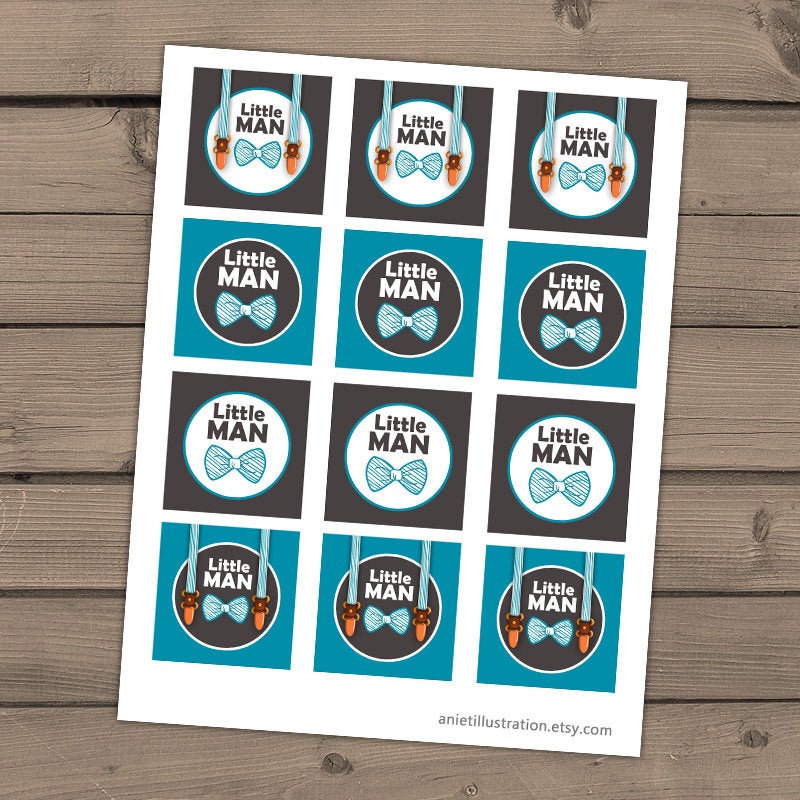Little man Cupcake toppers Baby shower cupcake toppers Shower favors Baby boy Bow tie suspenders Brown blue Instant download PRINTABLE 0063
