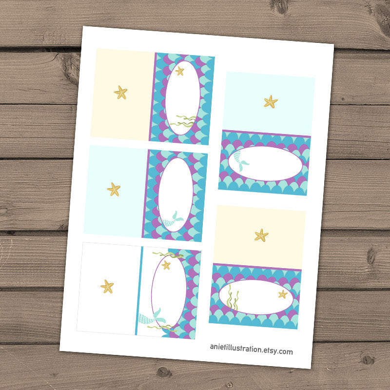 Mermaid Food labels Mermaid birthday Food tend cards Food tags Mermaid Purple mint teal Under the sea birthday Digital PRINTABLE DIY 0021