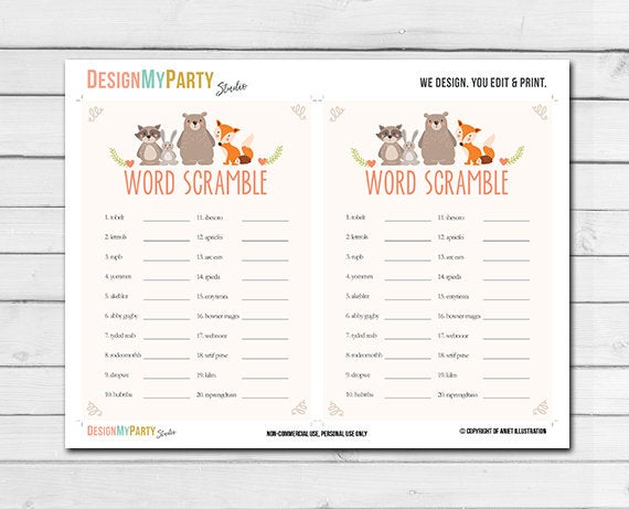 Woodland Baby Shower Word Scramble Game Cards Woodland Animals Forest Animals Raccoon Rabbit Bear Fox Printable Instant Download 0010