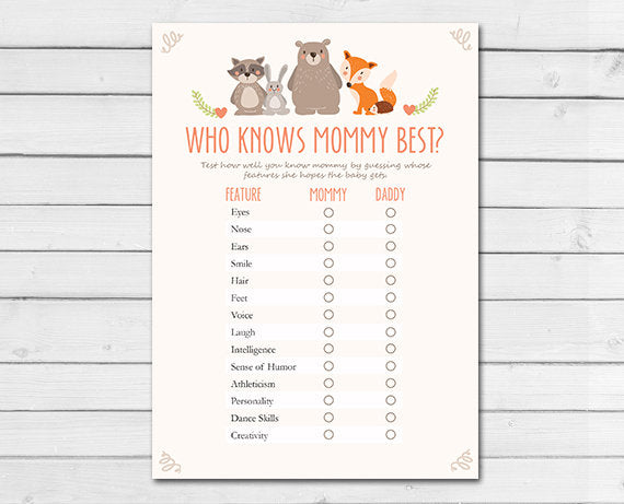 Woodland Baby Shower Who Knows Mommy Best Cards Woodland Animals Forest Animals Raccoon Rabbit Bear Fox Printable Instant Download 0010