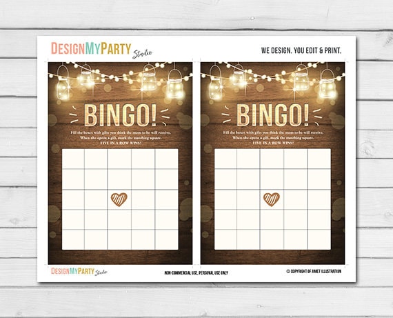 Rustic Lights Baby Shower Bingo Game Cards Wood Mason Jars Rustic String Lights Fall Winter Gender Neutral Printable Instant Download 0015