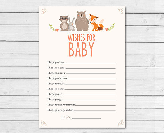 Woodland Baby Shower Wishes for Baby Game Cards Woodland Animals Forest Animals Raccoon Rabbit Bear Fox Printable Instant Download 0010