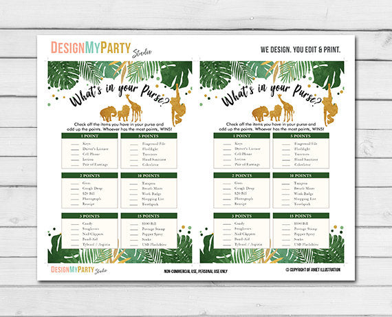 Safari Baby Shower Game What's in Your Purse Game Cards Wild One Jungle Animals Shower activity Gold Black Printable Instant Download 0016