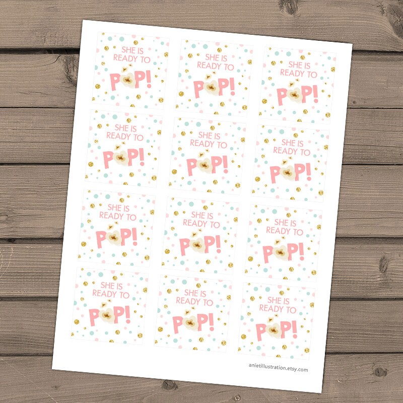 She’s Ready to pop stickers Ready to pop tags Popcorn tags Cupcake Toppers Pink Gold mint Baby Shower Stickers Digital PRINTABLE 0211