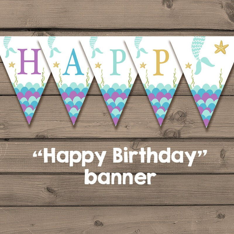 Mermaid Birthday Banner Happy Birthday Mermaid Party Flag Bunting Happy birthday Purple Gold Turquoise download PRINTABLE DIGITAL DIY 0021