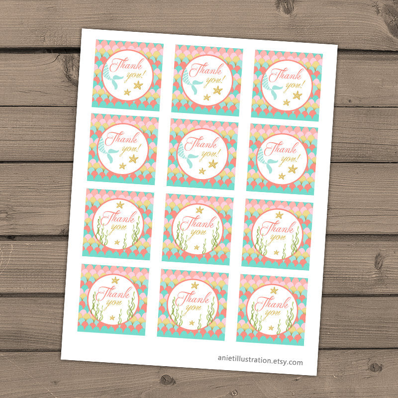 Mermaid Thank You Tags Birthday Mermaid birthday Cupcake Toppers Favor Tags mermaid Thank you labels Instant download Digital PRINTABLE 0021