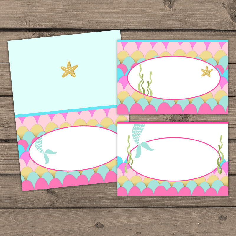 Mermaid Food labels Mermaid birthday Food tend cards Food tags Mermaid Pink mint teal Under the sea birthday Digital PRINTABLE DIY 0021