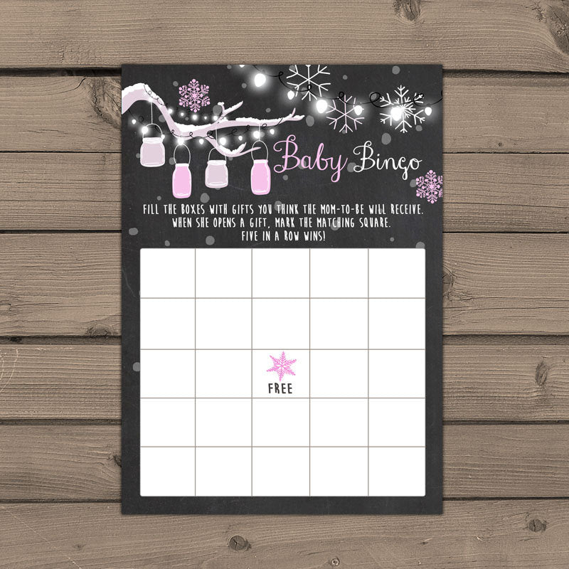 Baby shower Bingo game Winter baby shower Winter Bingo Instant download Baby bingo Girl Baby Shower Mason jars Girl Pink PRINTABLE 0012