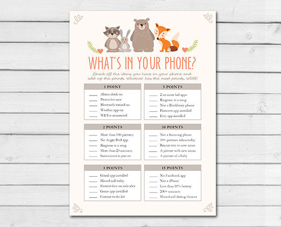 Woodland Baby Shower What's in Your Phone Game Cards Woodland Animals Forest Animals Raccoon Rabbit Bear Fox Printable Instant Download 0010