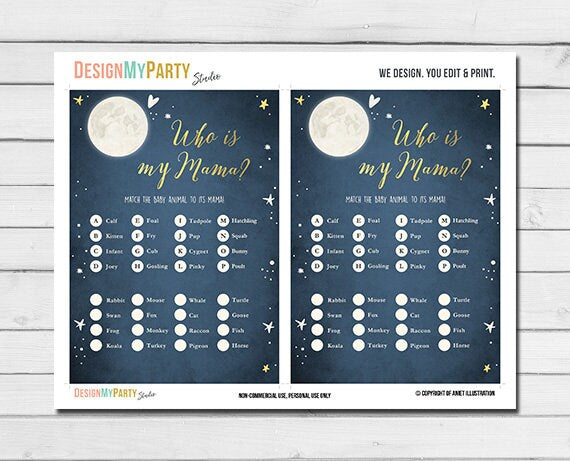 Baby Shower Love You To The Moon And Back Who's My Mama Game Animal Navy Blue Twinkle Twinkle Little Star Printable Instant Download 0017