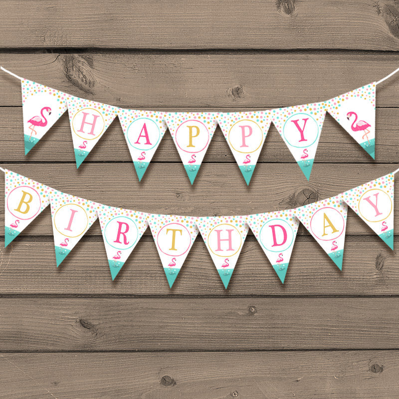 Flamingo Birthday banner Happy Birthday banner Flamingo party Flag Bunting Happy birthday Pink mint gold download PRINTABLE Digital DIY 0200