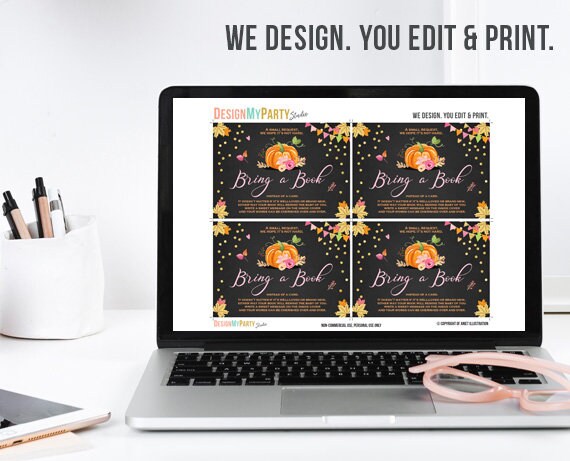 Rustic Pumpkin Baby Shower Bring a Book Chalk Baby Girl Pink and Gold Autumn Fall Book Request Library Book insert Book card PRINTABLE 0056