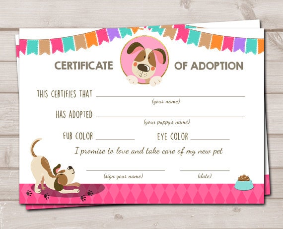Pet Adoption Certificate Puppy Adoption Dog Birthday Pawty Puppy Party Vet Birthday Girl Puppy Decor Instant Download Digital PRINTABLE 0048