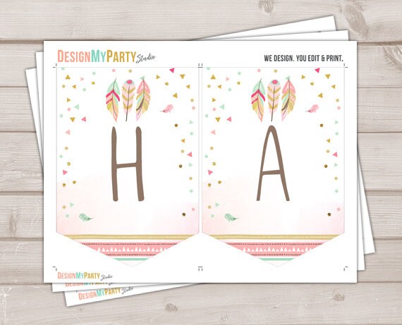 Happy Birthday Banner Wild One Birthday Banner Wild and Three Feathers Boho Tribal Birthday Pink Instant download PRINTABLE DIGITAL 0073