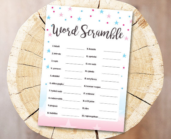 Baby Shower Word Scramble Game Cards Gender Neutral Gender Reveal Twinkle Twinkle Little Stars Blue Pink Printable Instant Download 0235
