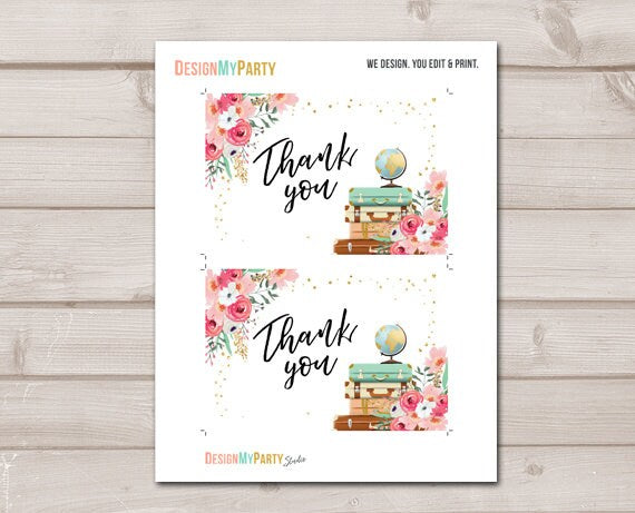 Travel Thank you Card Adventure Thank You Note 4x6" Miss to Mrs Bridal Shower Pink and Gold Flowers Globe Confetti Instant Download 0030