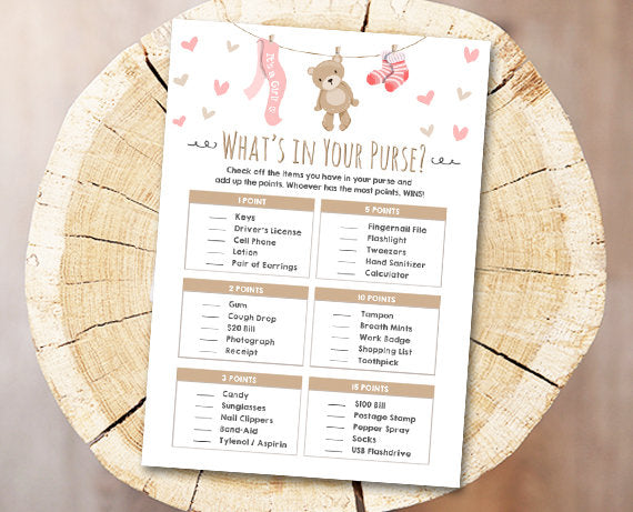 Teddy Bear Baby Shower Game What's in Your Purse Game Cards Instant Download Digital File Printable Baby Game Shower Activities DIY 0025