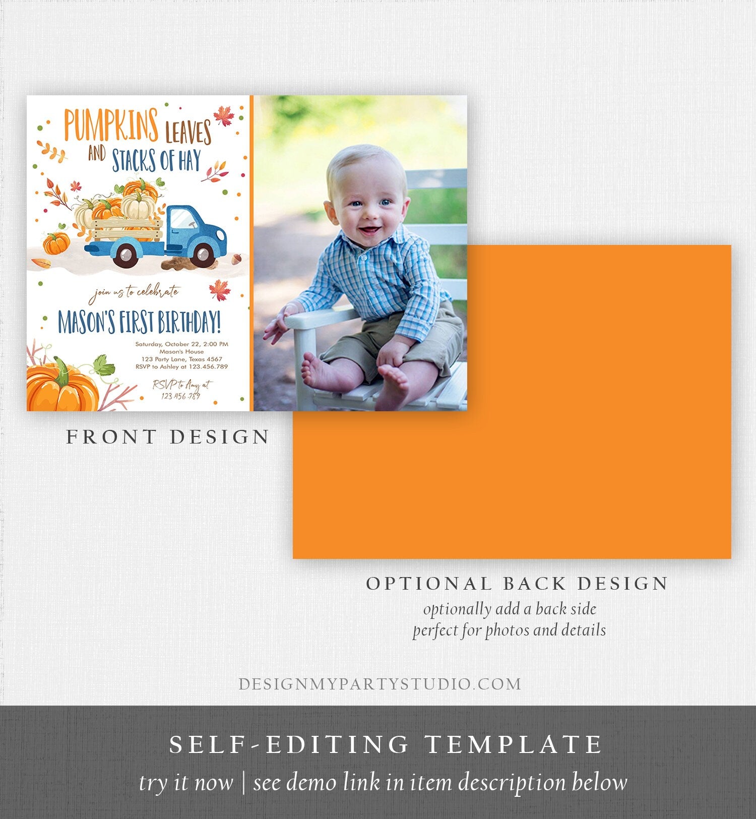 Editable Pumpkin Birthday Invitation Boy Fall Boy Pumpkin Truck Birthday Party Blue Orange Download Printable Invitation Corjl Template 0153
