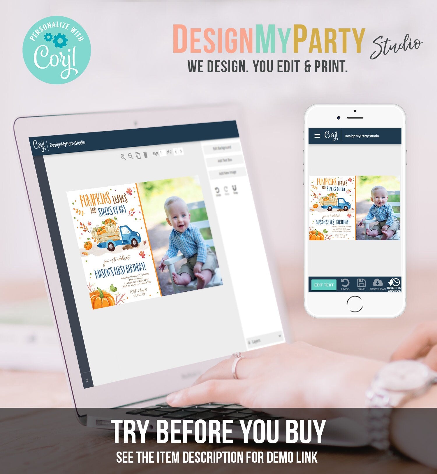 Editable Pumpkin Birthday Invitation Boy Fall Boy Pumpkin Truck Birthday Party Blue Orange Download Printable Invitation Corjl Template 0153