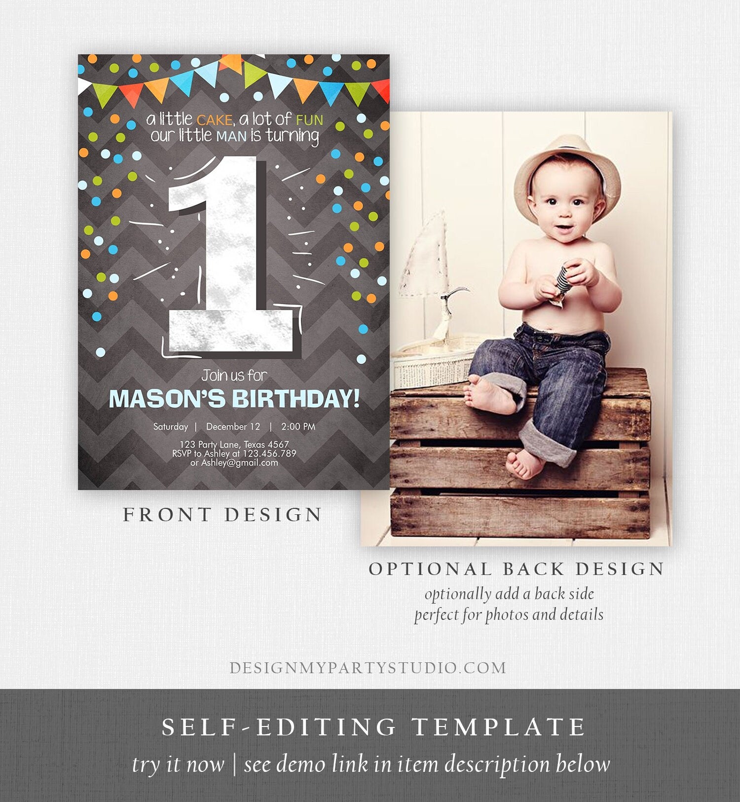 Editable First Birthday Invitation Boy One Green Blue Chalk Confetti Boy 1st Birthday Download Printable Invitation Template Corjl 0071