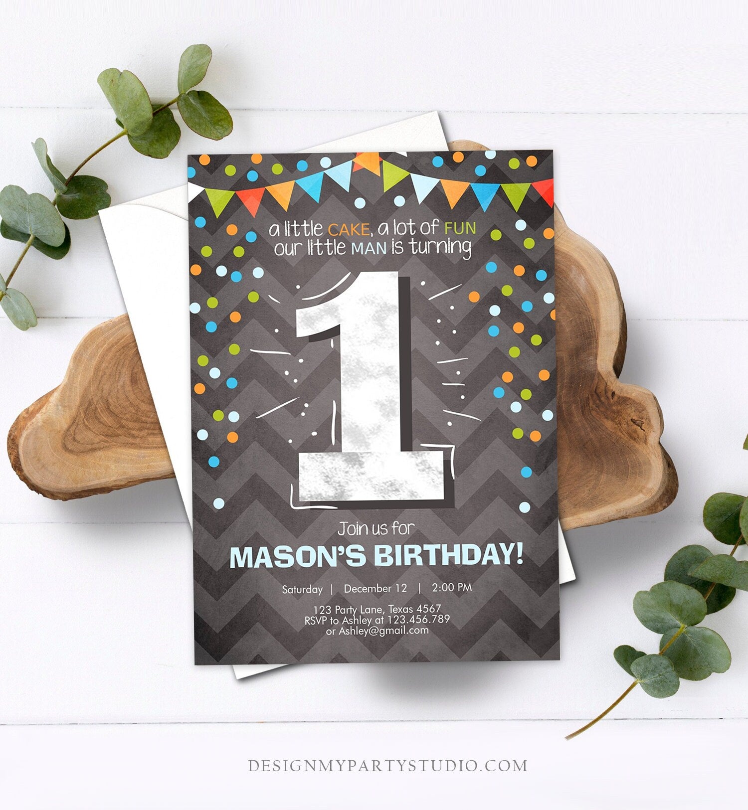 Editable First Birthday Invitation Boy One Green Blue Chalk Confetti Boy 1st Birthday Download Printable Invitation Template Corjl 0071
