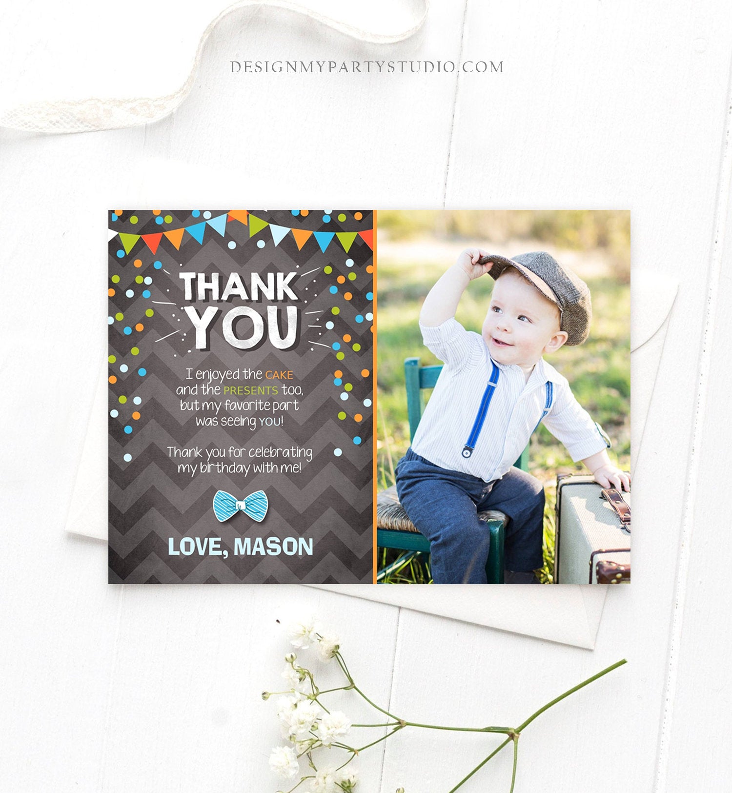Editable Thank You Card Boy Bowtie Birthday One Green Blue Chalk Confetti First Bow Tie Download Printable Invitation Template Corjl 0071