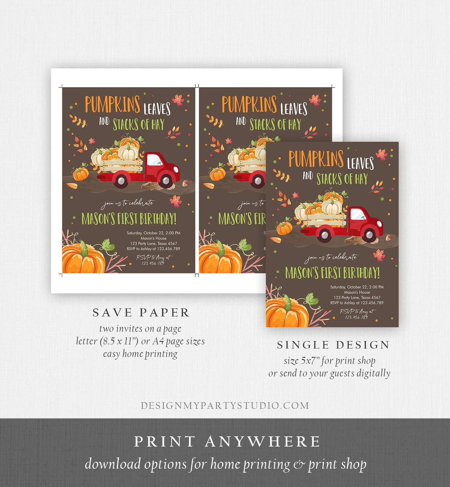 Editable Pumpkin Birthday Invite Boy Fall Pumpkin Truck Birthday Party Red Orange Green Download Printable Invitation Template Corjl 0153