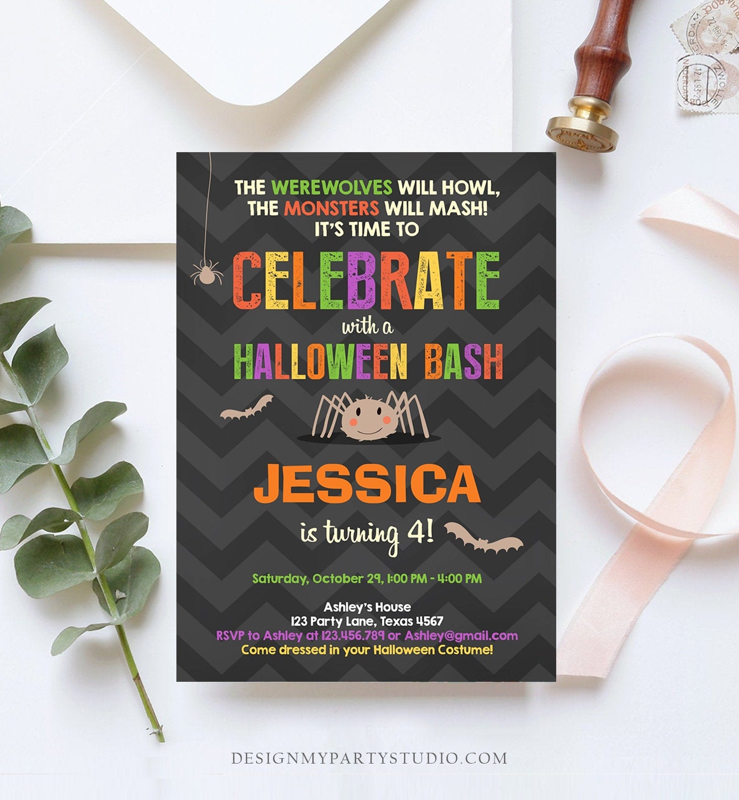 Editable Halloween Birthday Invitation Costume Party Spider Girl Download Printable Invite Template Editable Corjl Digital 0257