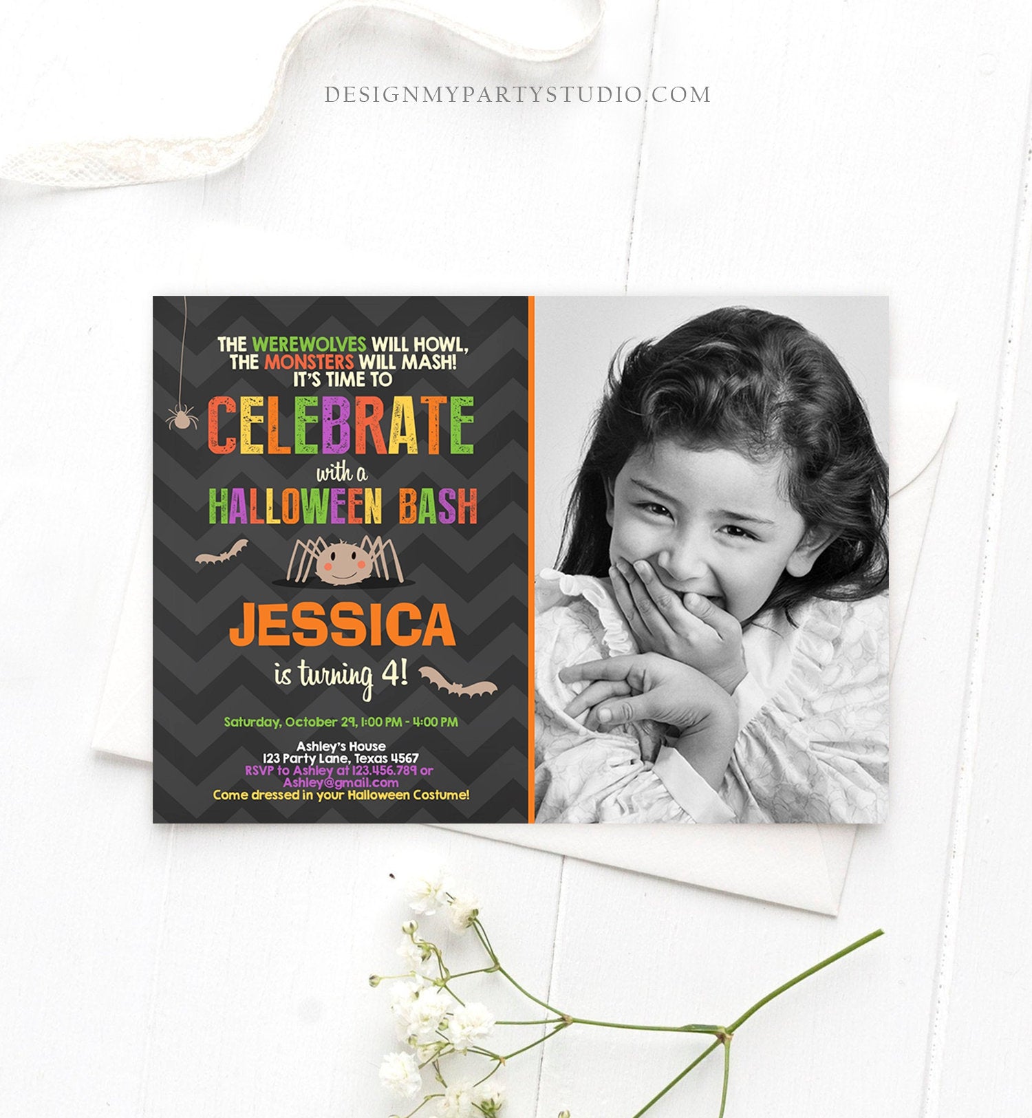Editable Halloween Birthday Invitation Costume Party Spider Girl Download Printable Invite Template Editable Corjl Digital 0257