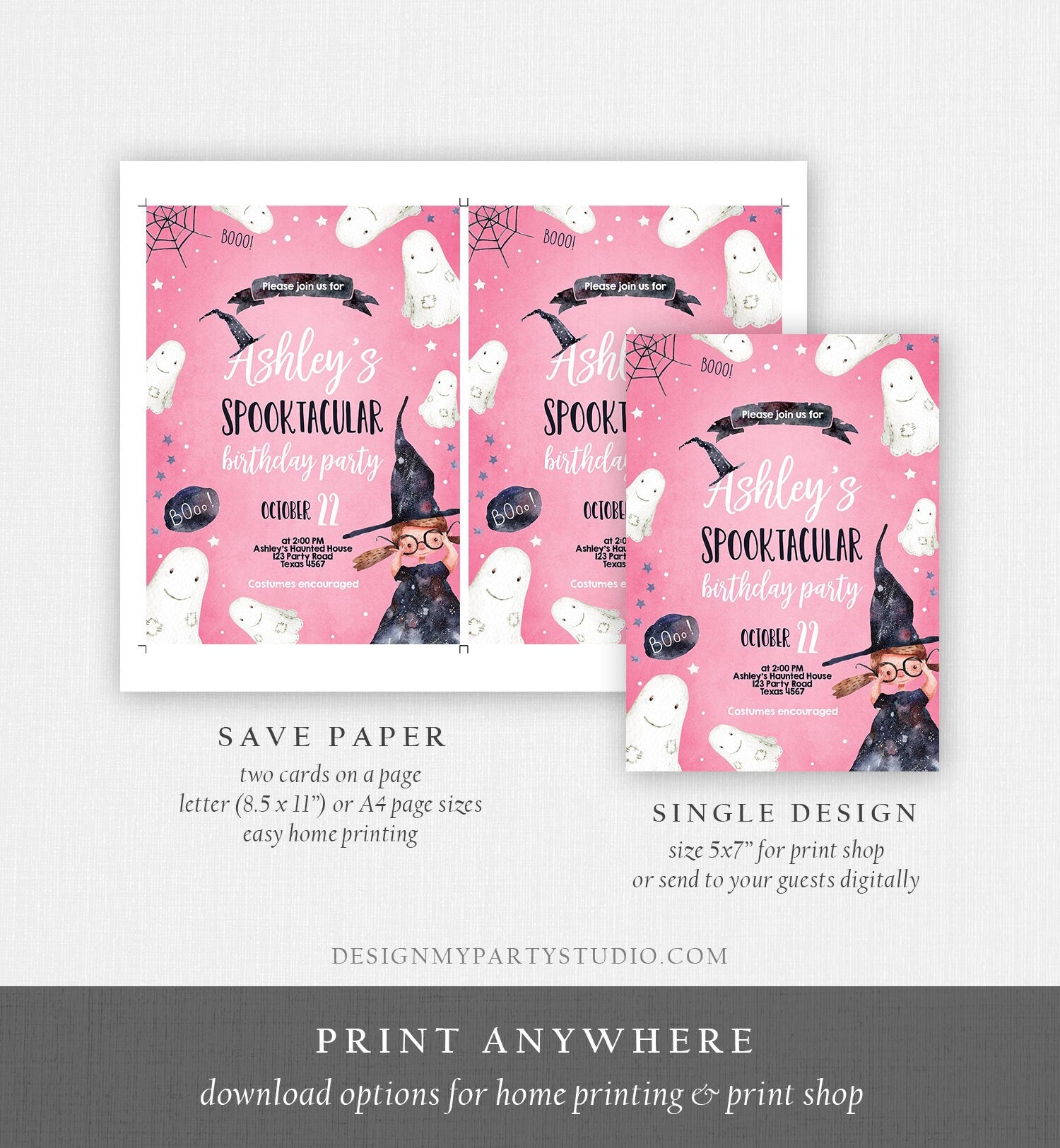 Editable Halloween Birthday Invitation Costume Party Girl Pink Kids Spooktacular Witch Hat Party Download Printable Template Corjl 0260