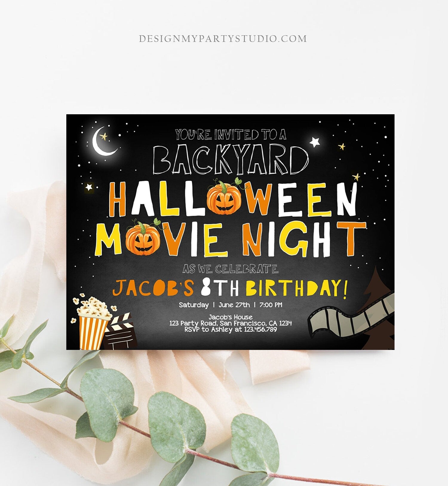 Editable Halloween Movie Night Birthday Invitation Outdoor Backyard Scary Movie Party Popcorn Spooktacular Pumpkin Template Corjl 0180