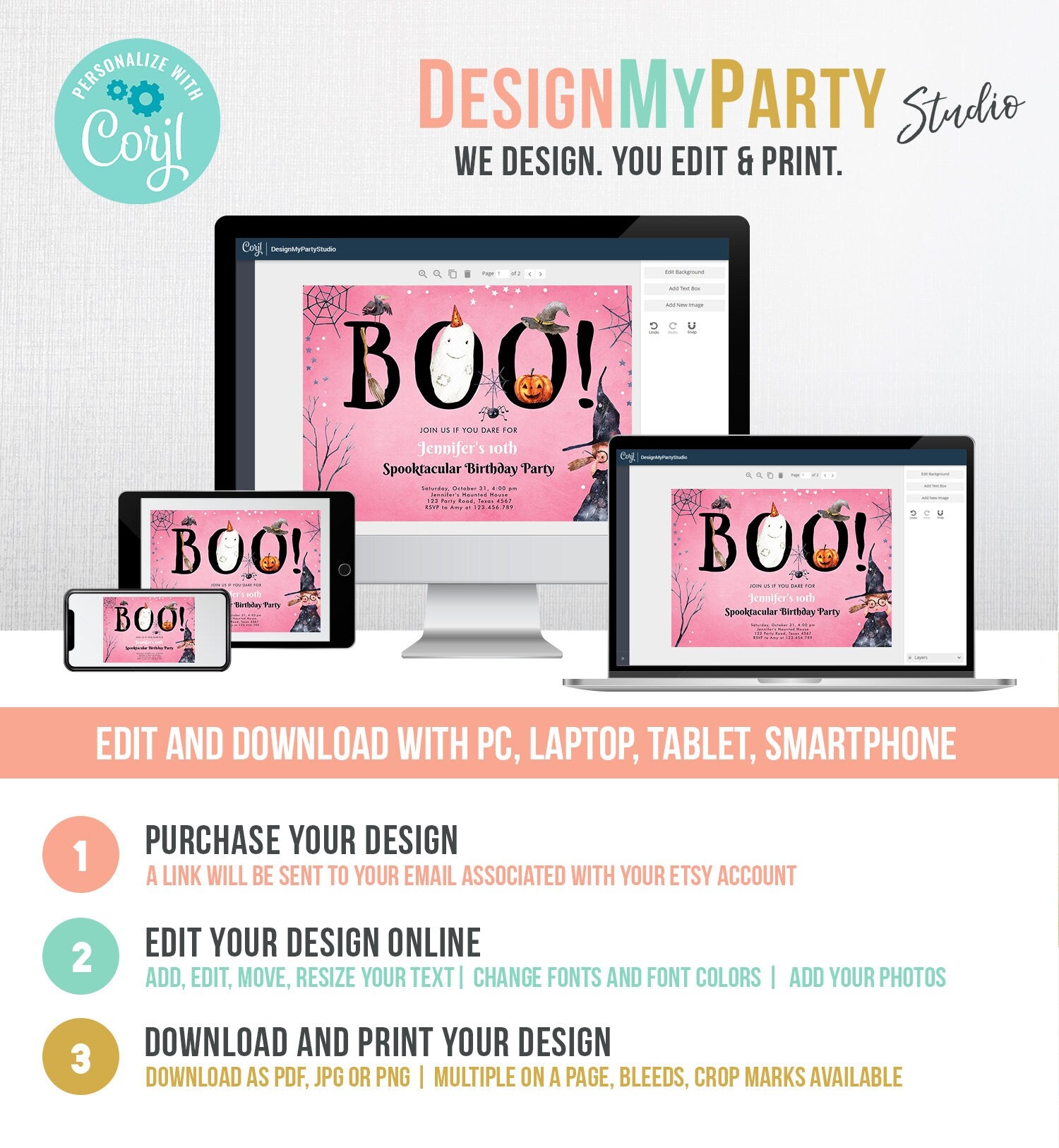 Editable Halloween Birthday Invitation Costume Party Girl Pink Kids Spooktacular Witch Hat Party Download Printable Template Corjl 0261