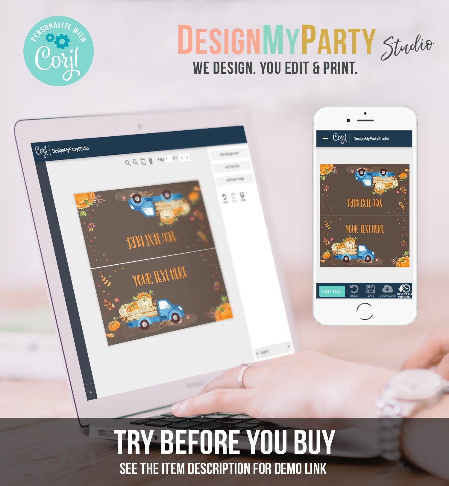 Editable Pumpkin Food Labels Pumpkin Truck Birthday Place Card Fall Harvest Autumn Tent Card Shower Blue Boy Corjl Printable Template 0153