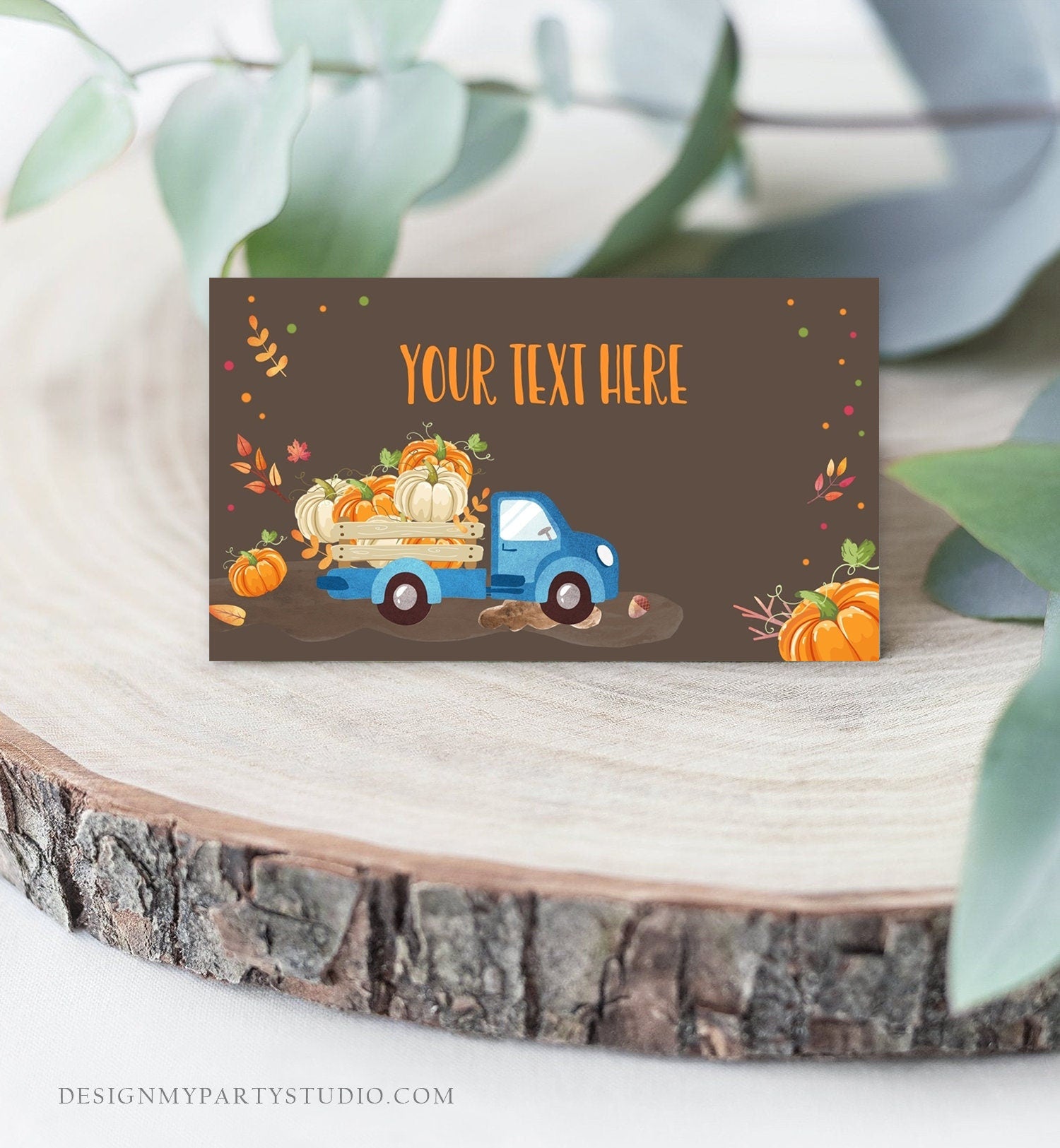 Editable Pumpkin Food Labels Pumpkin Truck Birthday Place Card Fall Harvest Autumn Tent Card Shower Blue Boy Corjl Printable Template 0153