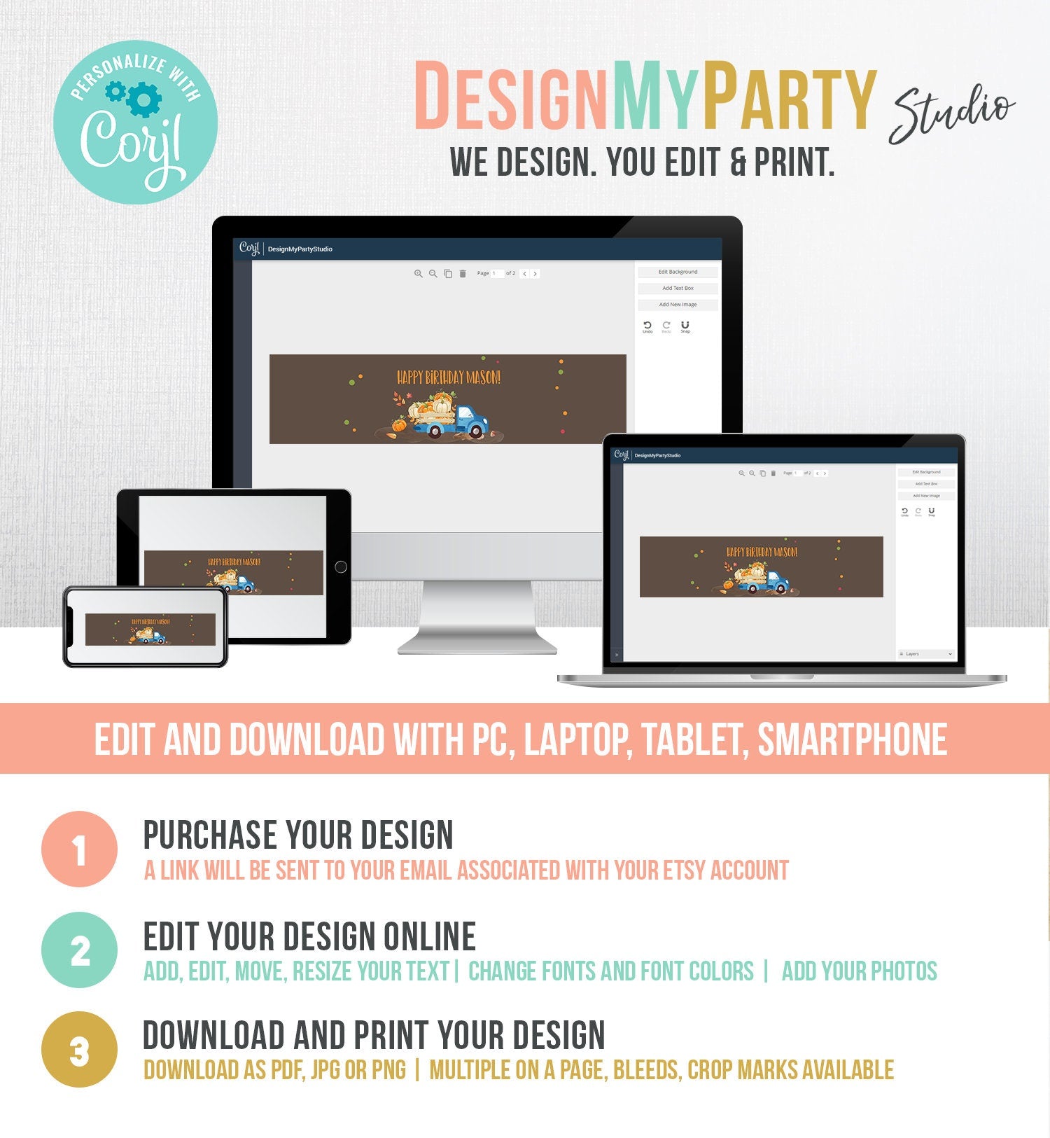 Editable Pumpkin Water Bottle Labels Pumpkin Boy Blue Truck Drink Tags Fall Autumn Label Pumpkin Birthday Fall Harvest Corjl Template 0153