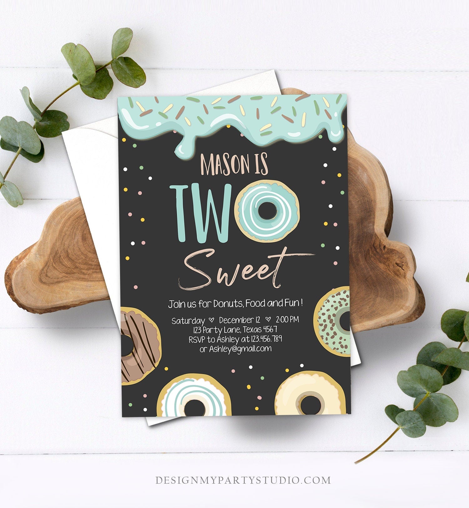 Editable Donut Two Sweet Birthday Invitation Second Birthday Party Blue Boy Doughnut 2nd Pastel Chalk Download Printable Template Corjl 0320