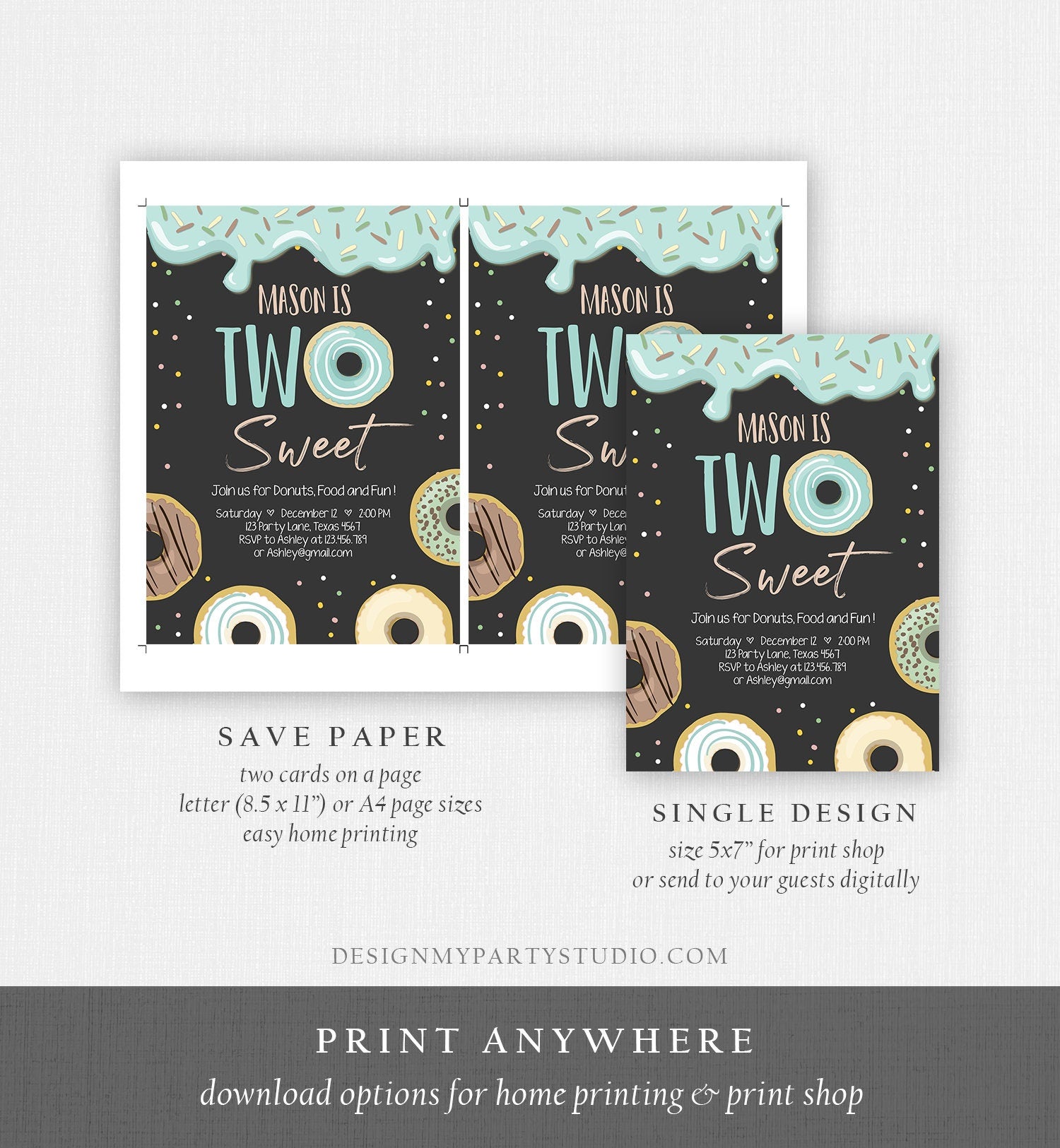 Editable Donut Two Sweet Birthday Invitation Second Birthday Party Blue Boy Doughnut 2nd Pastel Chalk Download Printable Template Corjl 0320