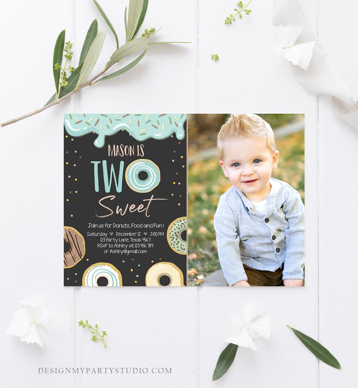 Editable Donut Two Sweet Birthday Invitation Second Birthday Party Blue Boy Doughnut 2nd Pastel Chalk Download Printable Template Corjl 0050