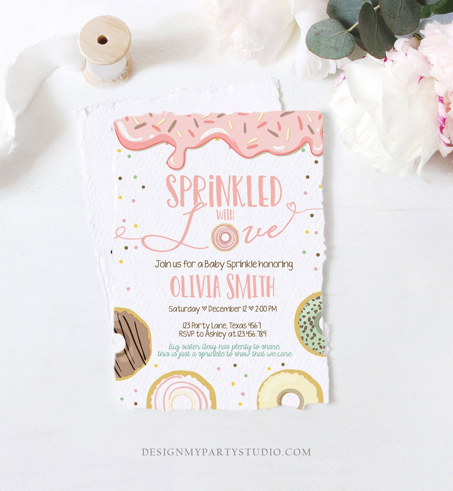 Editable Donut Sprinkled With Love Baby Shower Invitation Sprinkle Donut Diapers Coed Girl Pink Pastel Download Printable Corj Template 0320
