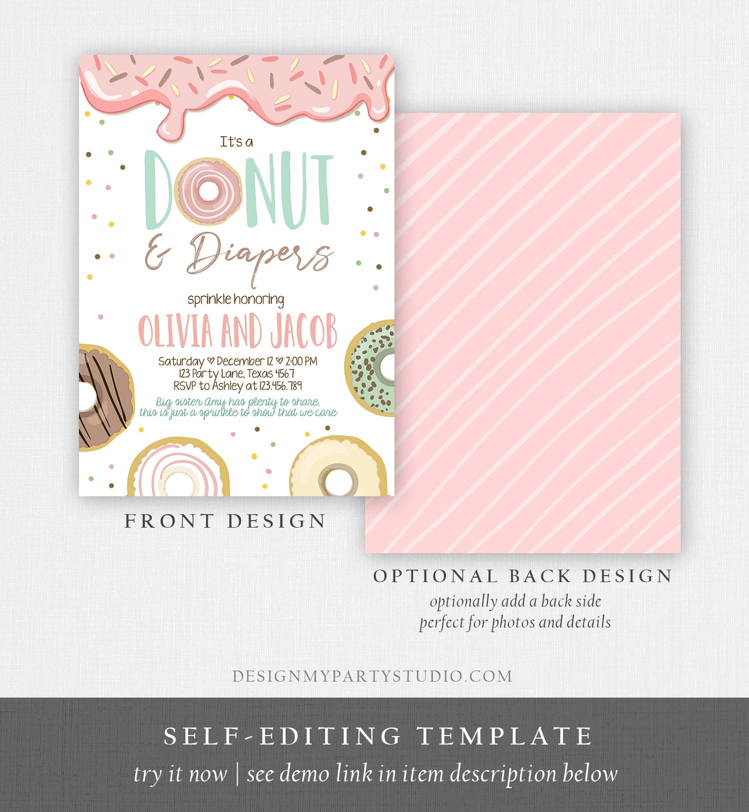 Editable Donut and Diapers Baby Shower Invitation Sprinkle Sprinkled With Love Coed Girl Pink Pastel Download Printable Corj Template 0320