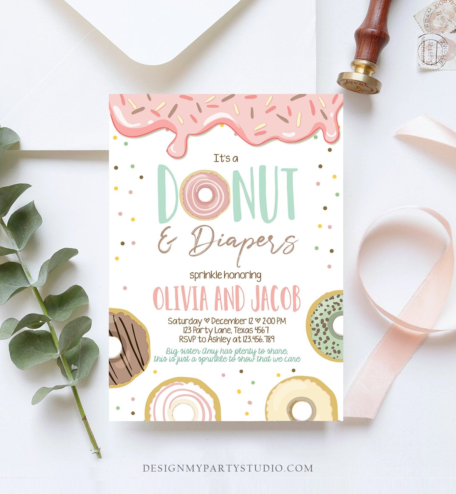Editable Donut and Diapers Baby Shower Invitation Sprinkle Sprinkled With Love Coed Girl Pink Pastel Download Printable Corj Template 0320