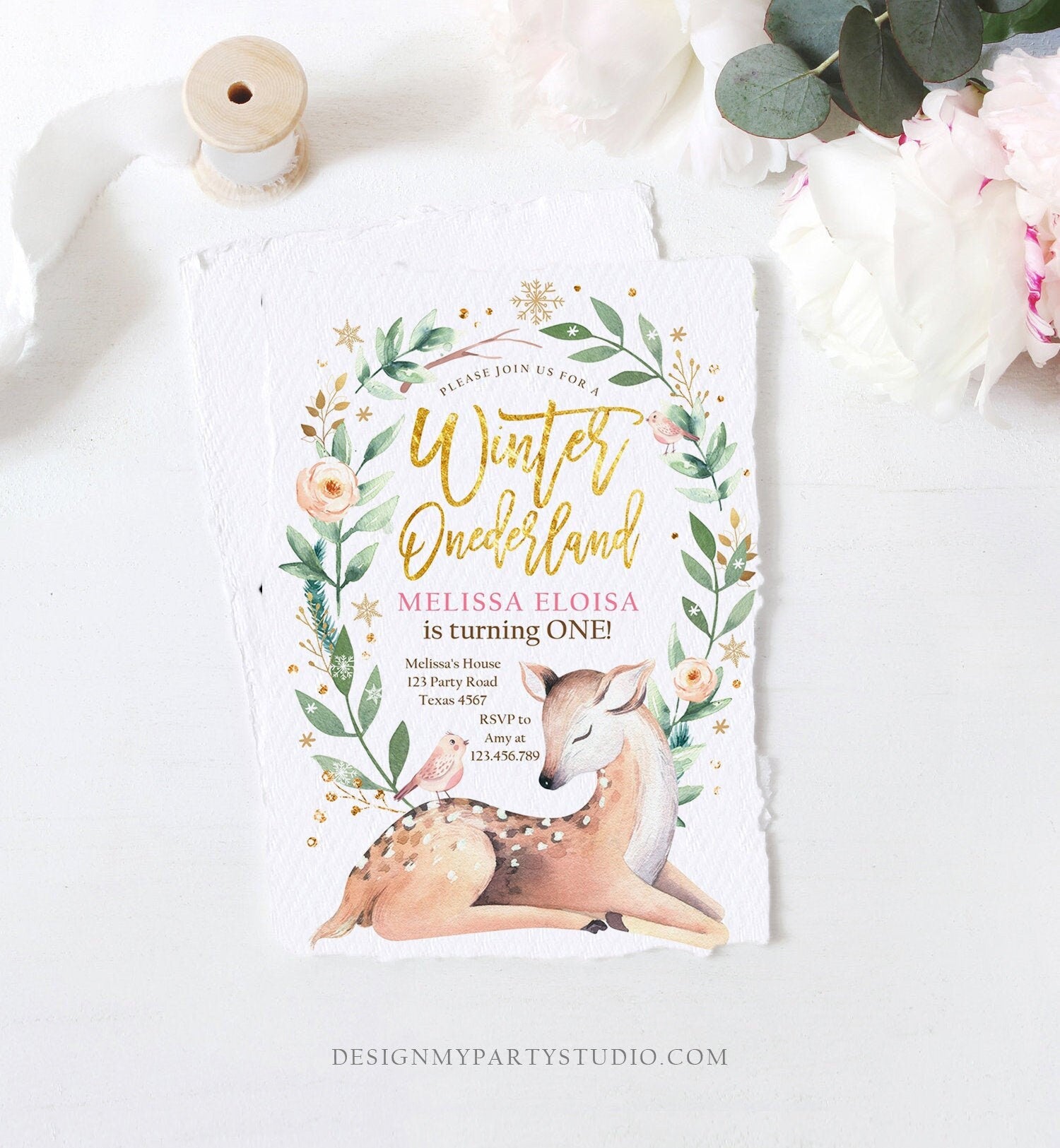 Editable Winter ONEderland Birthday Invitation Deer First Birthday Snowflakes Girl Pink Gold Foil Printable Invitation Template Corjl 0265