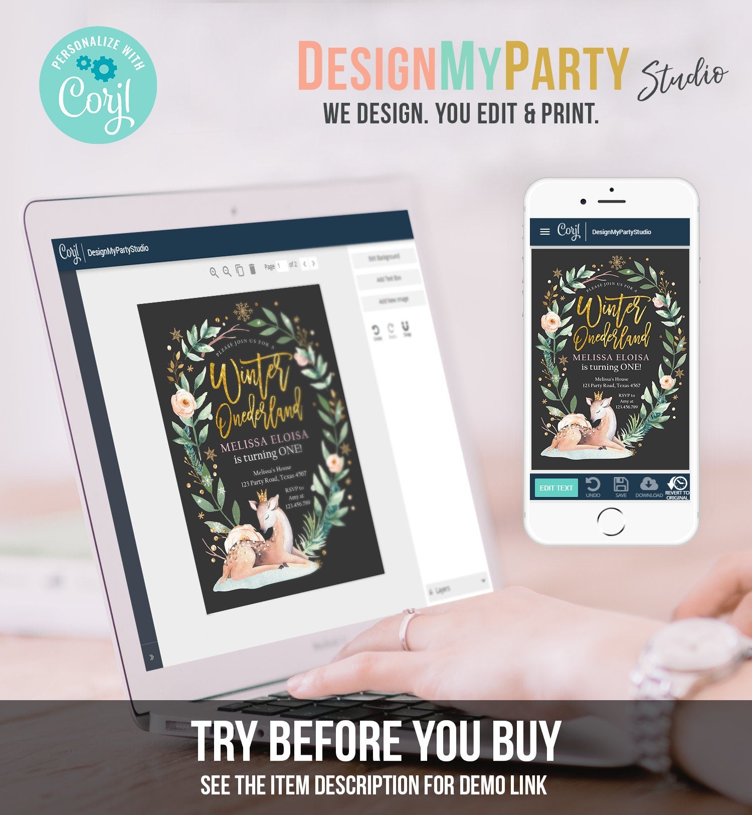 Editable Winter ONEderland Birthday Invitation Deer First Birthday Snowflakes Girl Pink Gold Foil Printable Invitation Template Corjl 0265