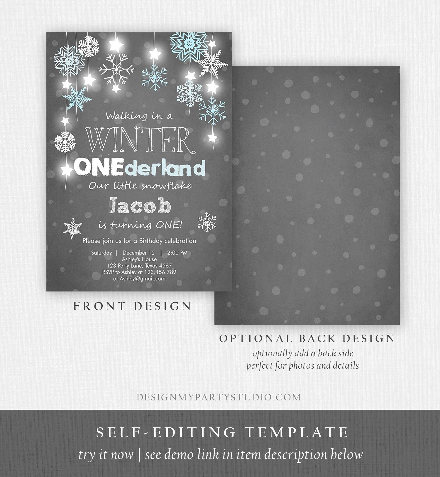 Editable ANY AGE Winter ONEderland Birthday Invitation Boy First Birthday Snowflake Stars Download Printable Invitation Template Corjl 0057