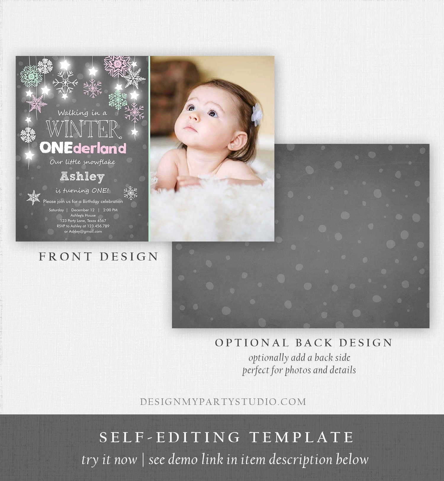 Editable ANY AGE Winter ONEderland Birthday Invitation First Birthday Snowflake Girl Instant Download Printable Invite Template Corjl 0057
