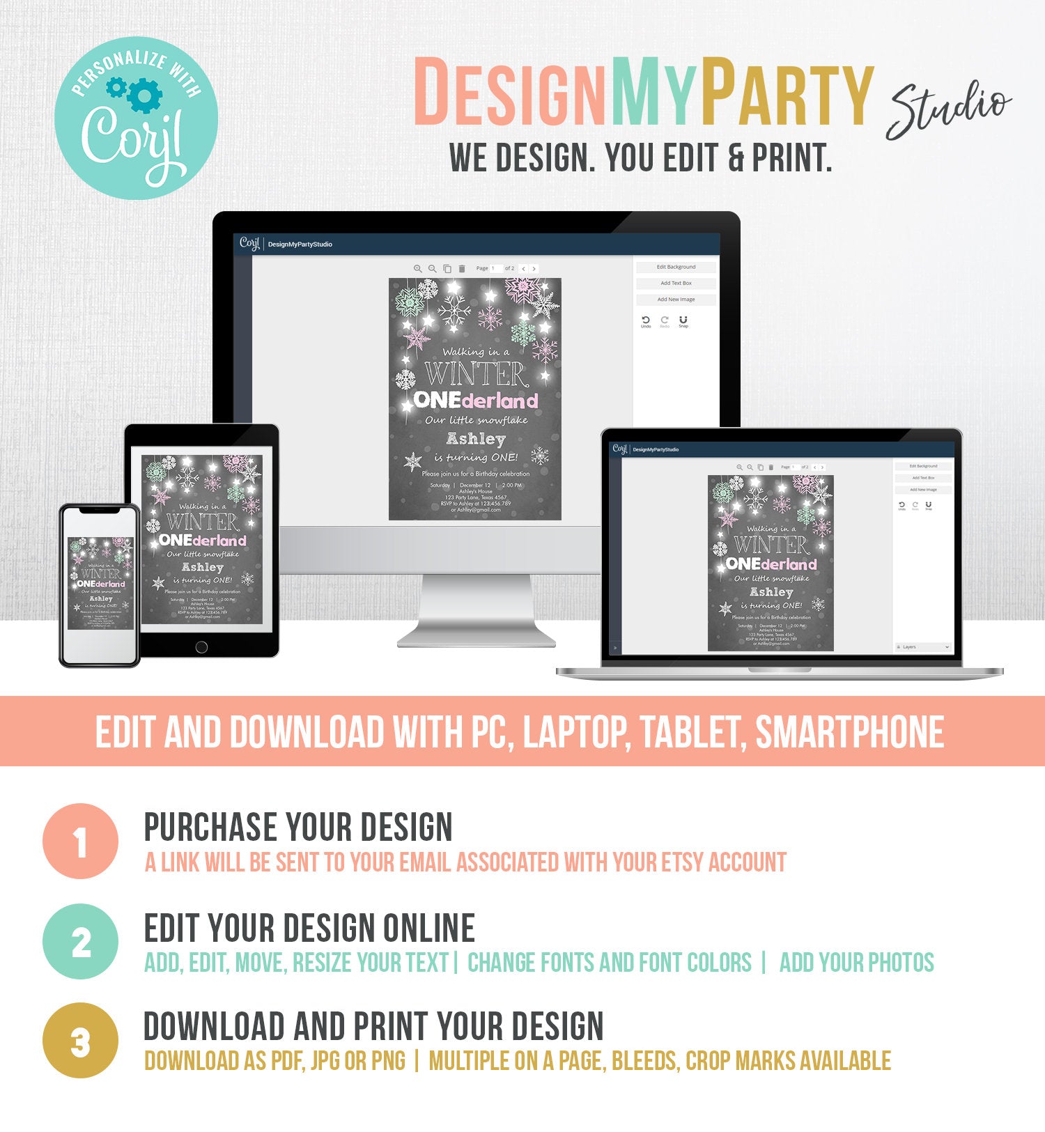 Editable ANY AGE Winter ONEderland Birthday Invitation First Birthday Snowflake Girl Instant Download Printable Invite Template Corjl 0057