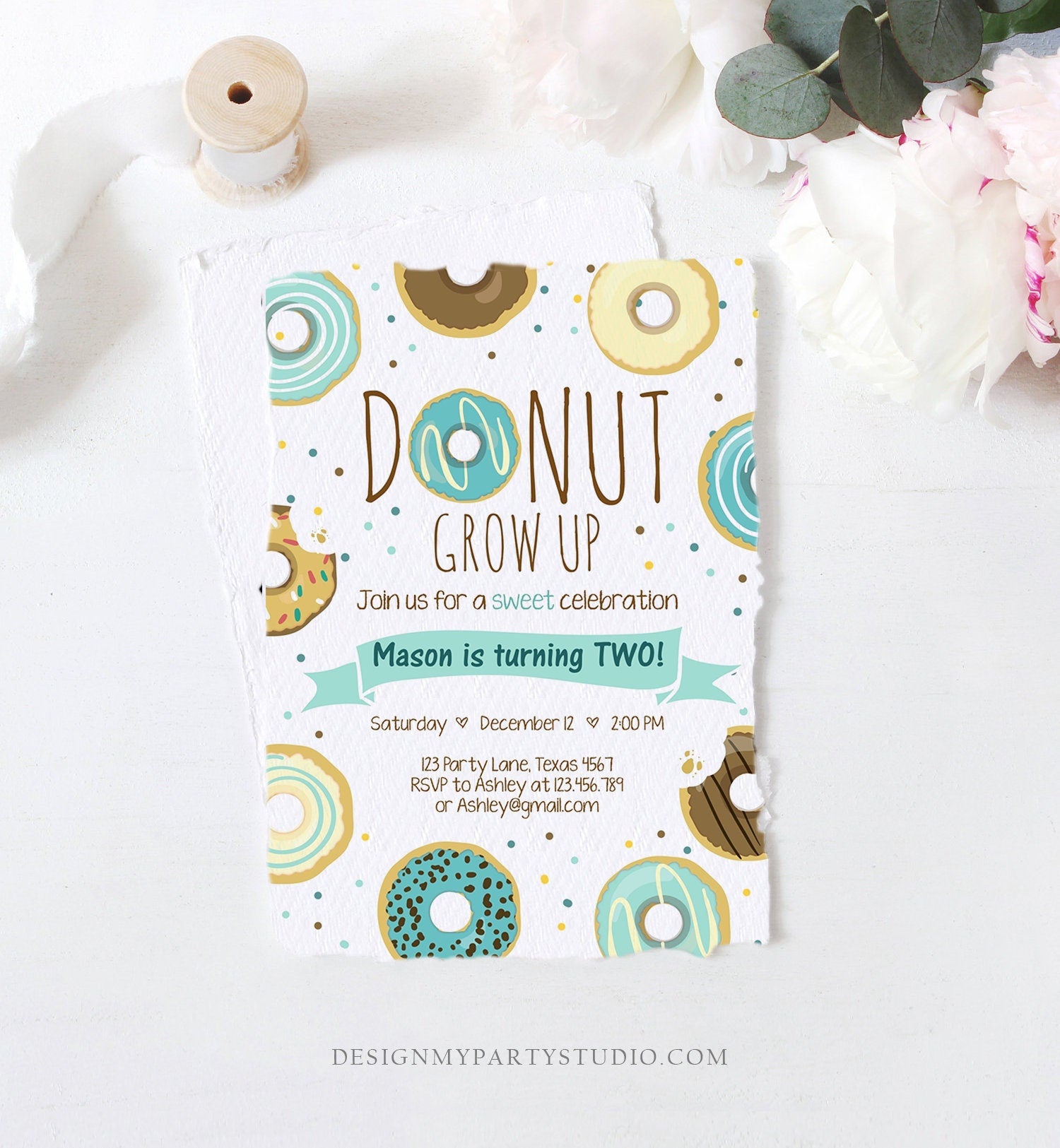 Editable Donut Grow Up Birthday Invitation First Birthday Party Blue Boy Doughnut 1st Pastel Instant Download Printable Template Corjl 0050