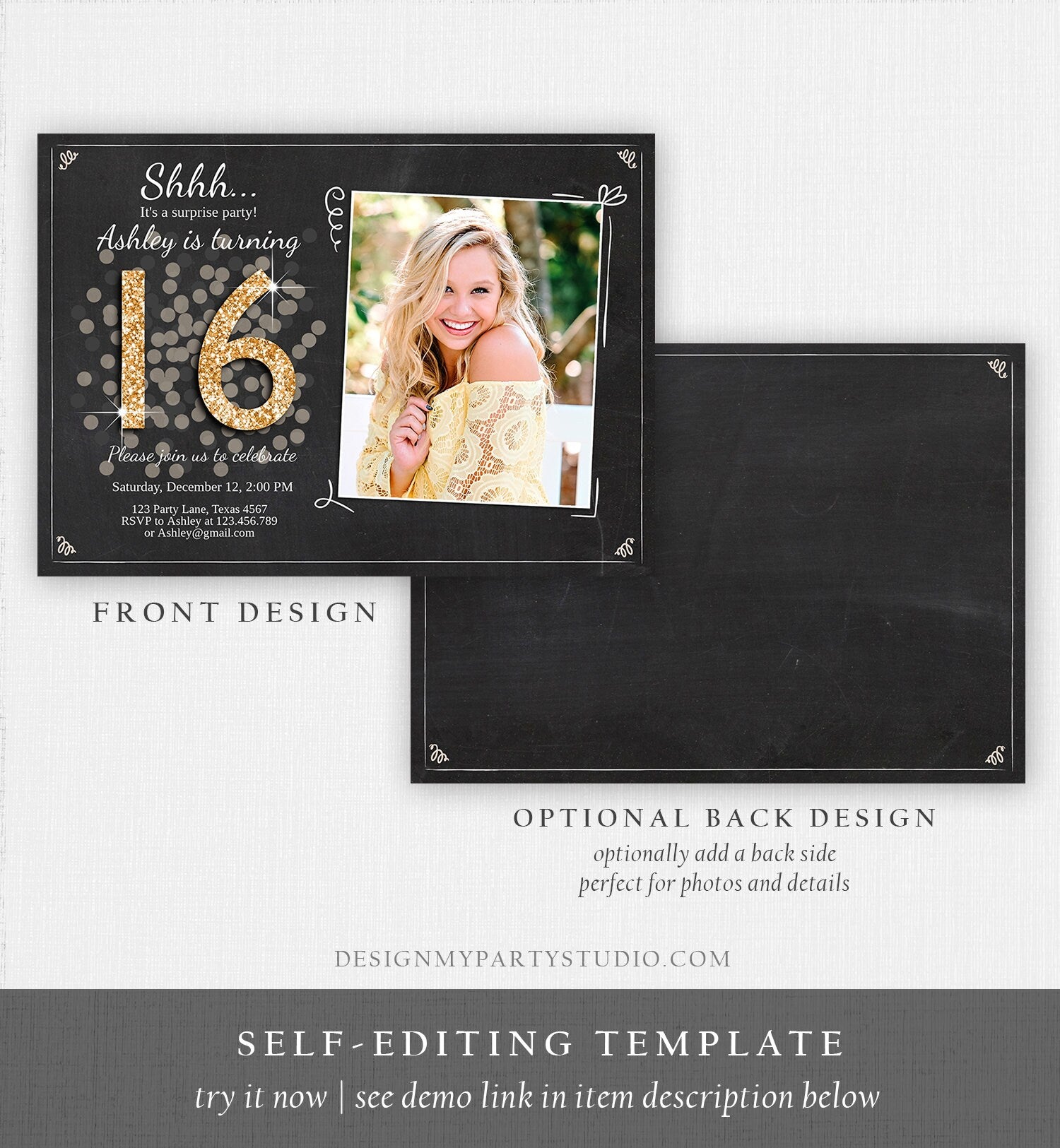 Editable ANY AGE Surprise Birthday Invitation 16th Sweet Sixteen Party Chalk Black Gold Glitter Photo Download Printable Corjl Template 0103