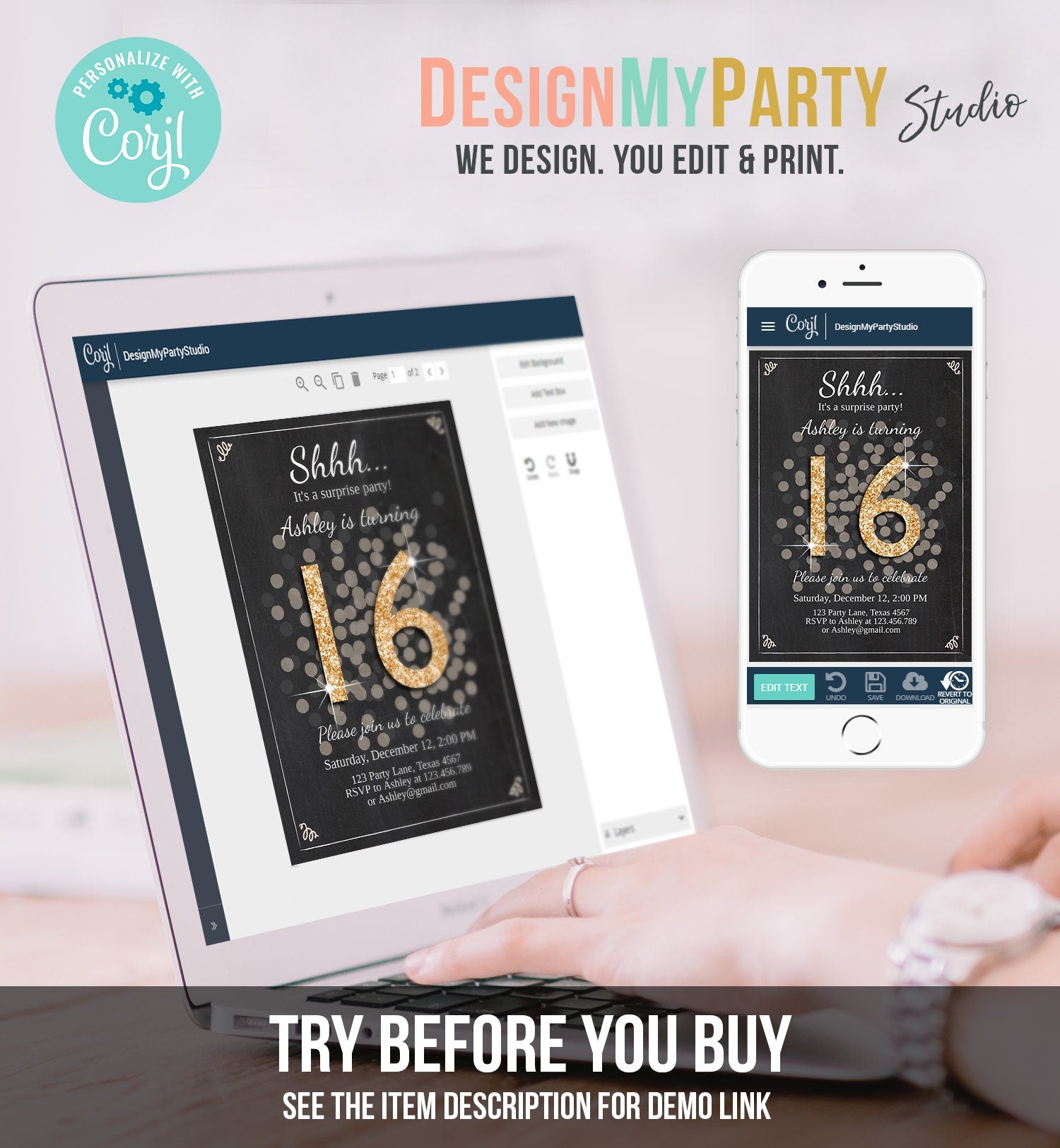 Editable ANY AGE Surprise Birthday Invitation 16th Sweet Sixteen Party Chalk Black Gold Glitter Photo Download Printable Corjl Template 0103