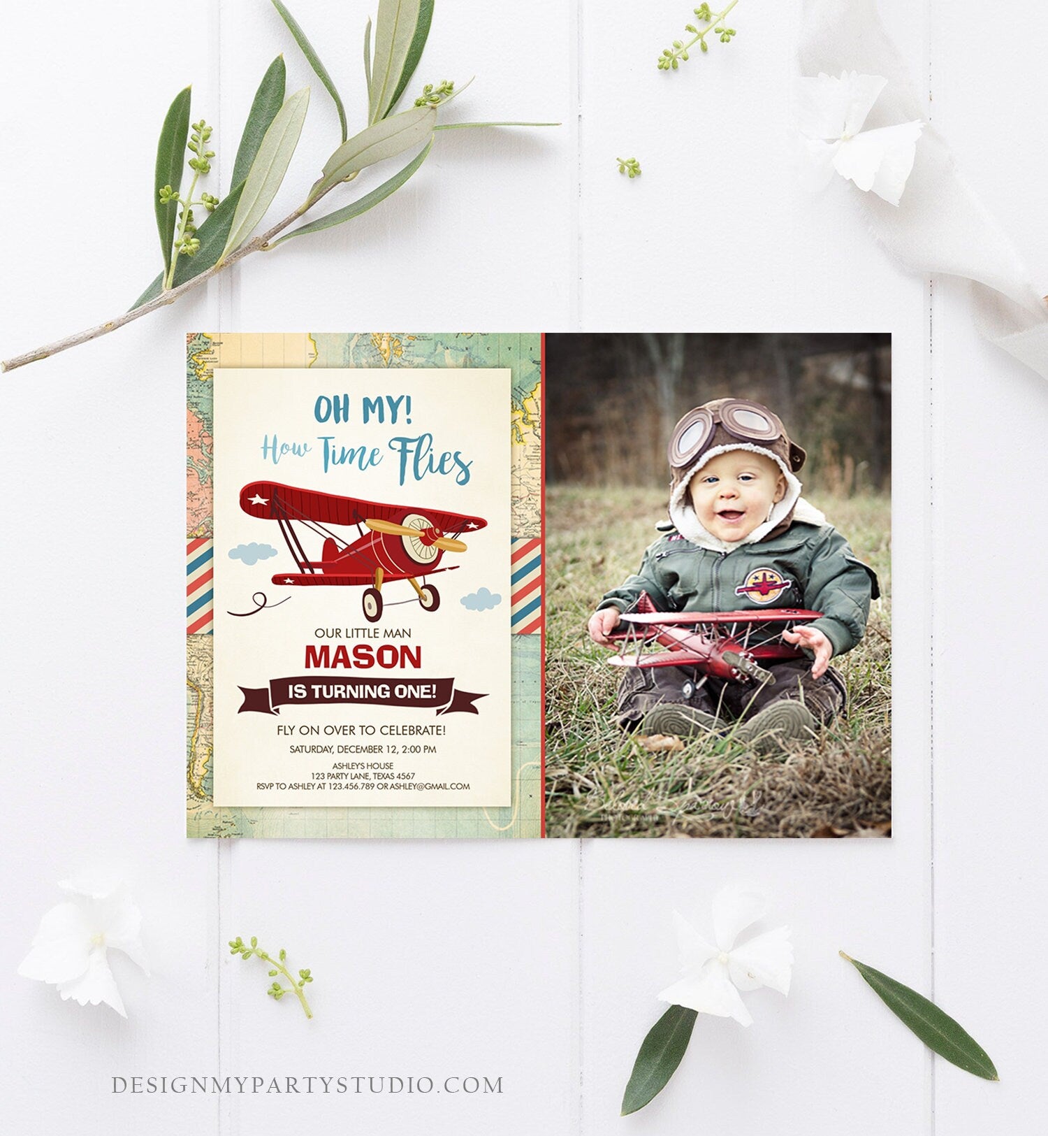 Editable Airplane Birthday Invitation Oh My Time Flies Red Airplane First Birthday Plane Sky Photo Download Printable Corjl Template 0011